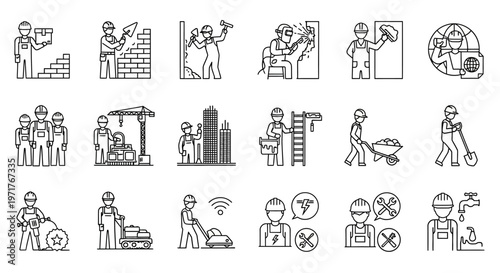 Construction and Renovation Workers Line Icons Set Building, Repair, and Maintenance Professions Collection