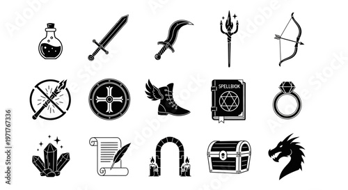 Collection of Fantasy Game Icons Weapons, Potions, Armor, and Mythical Creatures for Digital Adventures