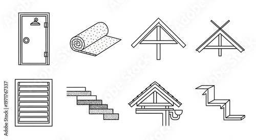 Conceptual Line Art Icons Representing Building and Construction Elements and Architectural Details for Home and Commercial Projects