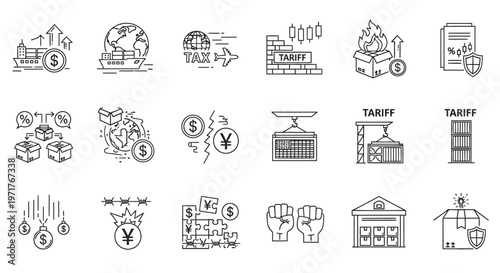 Global Trade and Tariff Icons Set Navigating International Commerce, Supply Chain Logistics, and Economic Policy Challenges