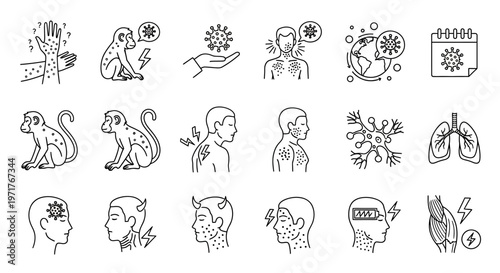 Illustrations of Monkeypox virus symptoms and transmission vectors, highlighting human health concerns and infection spread