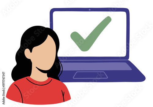 A woman uses a laptop with immersive audio, achieving success. A vibrant, modern design highlights digital achievement and focused work.