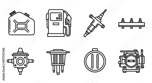 Automotive Fuel and Engine Parts Outline Icons Set for Car Maintenance and Vehicle Repair