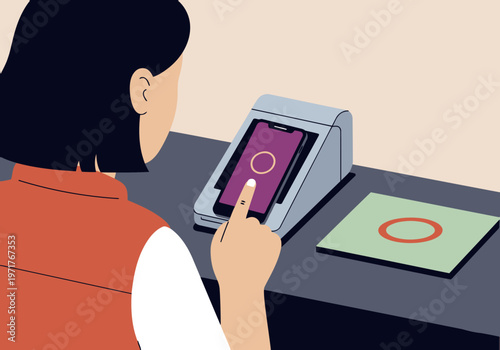 A young woman uses contactless payment on a mobile device at a cafe. Clean, modern illustration with a focus on the payment process. Bright, inviting style.
