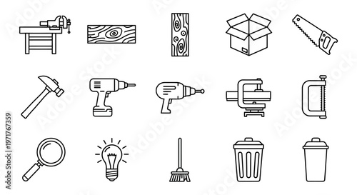 Set of various tools and workshop equipment for construction, DIY projects, and repairs hammer, drill, saw, workbench, clamp, magnifying glass, trash can, broom, light bulb, and wooden plank