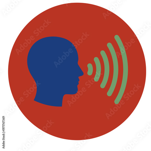 A vibrant circular icon depicts a person speaking with sound waves emanating from their mouth. It represents binaural audio recording. Modern, clean design.