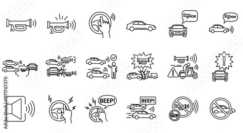 Car Driving Hazards and Warning Signals Line Icons Set Traffic Jams, Accidents, Honking, and Noisy Situations