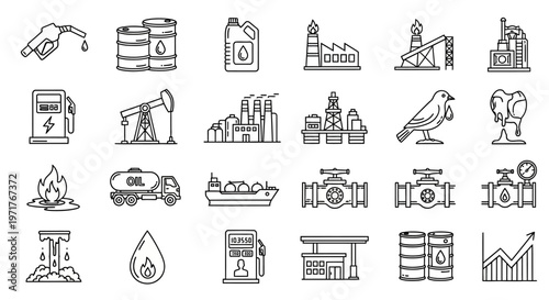 Illustrative Outline Icons Collection for the Oil and Gas Sector, Energy Resources, Fuel Production, Distribution, and Industrial Operations