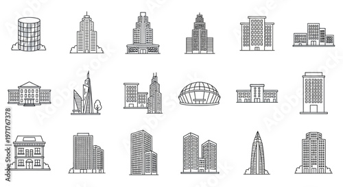 Collection of stylized architectural building illustrations, depicting various structures with clean lines and a monochromatic design