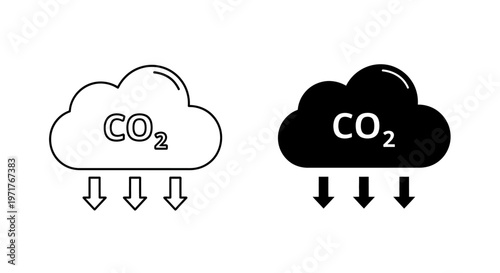 Cloud with CO2 text and descending arrows symbolizing carbon dioxide release into the atmosphere, environmental pollution concept