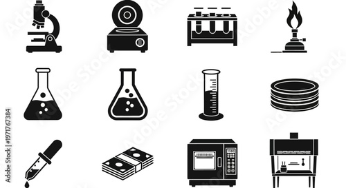 Set of laboratory equipment icons including microscope, centrifuge, test tubes, burner, flasks, cylinder, petri dishes, pipette, incubator, and fume hood for scientific research and medical analysis