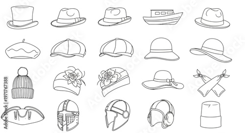 Extensive Collection of Outline Hats and Headwear Styles Vector Illustration Set, Showcasing a Diverse Range of Fashion Accessories