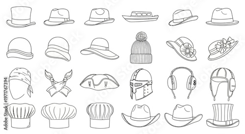 Outline Drawing Set of Fashionable and Traditional Headwear for Design Projects and Apparel Graphics