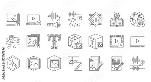 Comprehensive collection of thin line icons for digital media, creative design, content creation, and web development tools