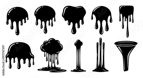 Set of various black liquid drips and splashes, creating a gooey and flowing texture for versatile design elements