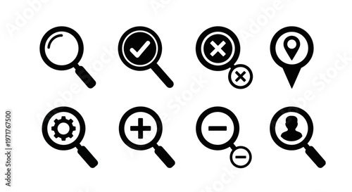 Collection of Magnifying Glass, Checkmark, Location Pin, Cogwheel, Plus, Minus, and User Icons