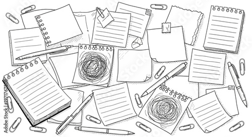 A chaotic and cluttered desk surface filled with scattered notepads, papers, pens, and paperclips, representing disorganization and a busy work environment, presented in a black and white sketch style