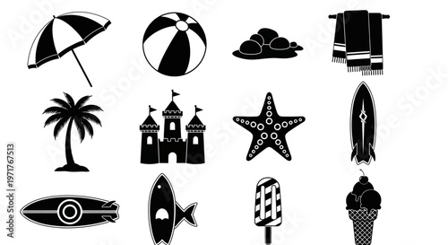 Illustrative Collection of Summer Seaside Vacation and Beach Activity Elements Icons Set in Black and White
