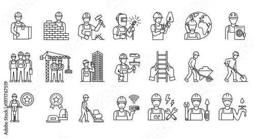 Set of outline icons representing construction workers and tools on a white background, illustrating various trades and professions