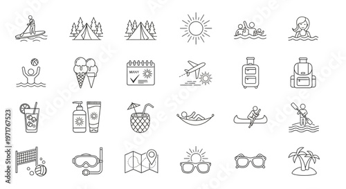 Collection of Summer Vacation and Travel Line Icons for Holiday Activities and Outdoor Adventure