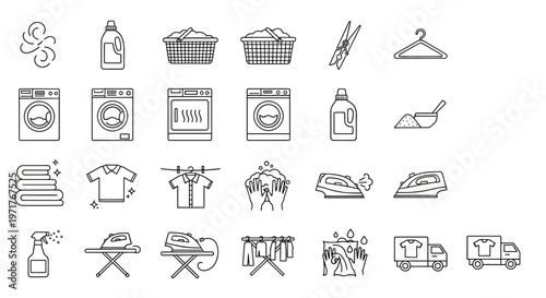 Extensive Collection of Laundry and Clothing Care Outline Icons for Home Chores and Professional Cleaning Services