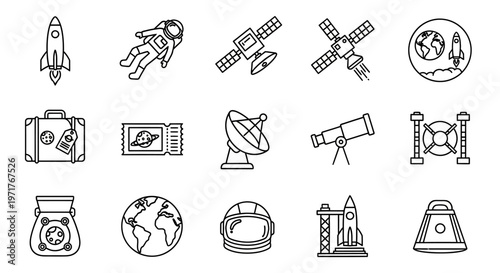 Space exploration icons astronaut, rocket, satellite, telescope, Earth, suitcase, ticket, launch pad, helmet, capsule, and more