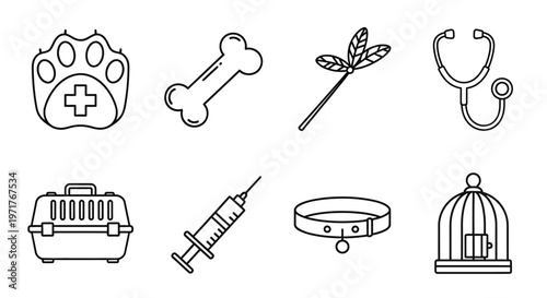 Set of veterinary and pet care icons paw print, bone, plant, stethoscope, carrier, syringe, collar, birdcage