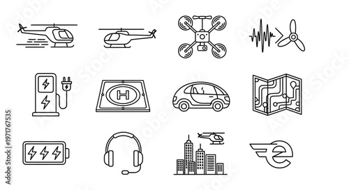 Innovative line icons showcasing advanced transportation, smart city infrastructure, and cutting-edge technology concepts for the future