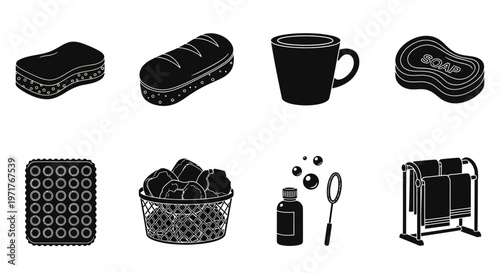 A collection of hygiene and cleaning supplies, including sponges, soap, and a towel rack, presented as a clean graphic illustration for household use and maintenance