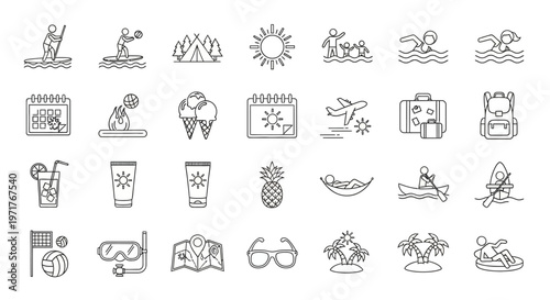 Summer Vacation and Travel Icons Representing Outdoor Activities, Relaxation, and Seasonal Fun