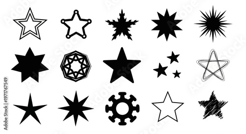 Diverse Assortment of Star Shapes and Icons A Collection of Stylized Celestial Graphic Elements for Creative Design Projects