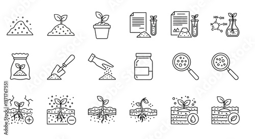 Fertilizer and plant growth icons illustrating soil preparation and nutrient application processes