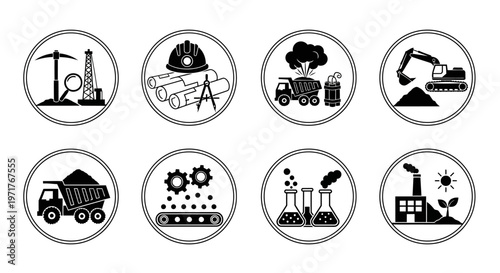 Industrial icons depicting quarrying, construction, mining, and manufacturing processes, representing key sectors of industry