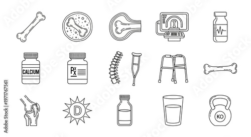 Medical icons representing bone health, dietary supplements, mobility aids, and anatomical structures for healthcare and wellness