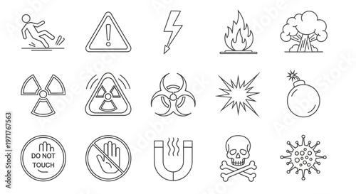 Collection of essential safety and hazard outline icons, representing various dangers and precautions for public awareness and risk management