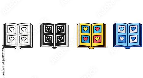 Set of four open books featuring framed heart icons on pages, presented in various artistic styles and color palettes, ideal for digital and print design projects