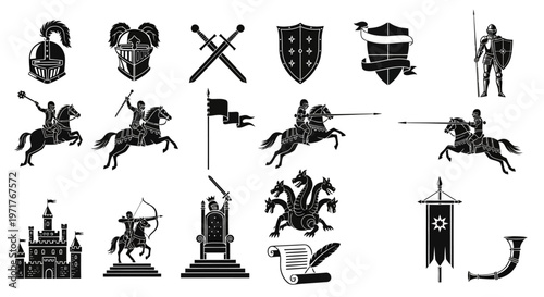 Dynamic Silhouette Collection of Medieval Knights, Castles, and Fantasy Creatures for Historical or Mythical Themes