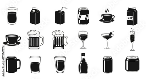 Flat Vector Illustration Pack of Drink and Beverage Icons, Including Milk, Juice, Coffee, Beer, Wine, and Soda