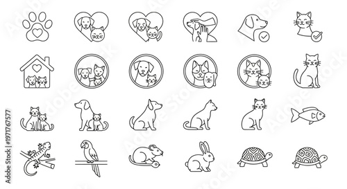 Collection of Line Art Icons Featuring Various Domestic and Exotic Pets and Their Owners in Different Poses and Interactions