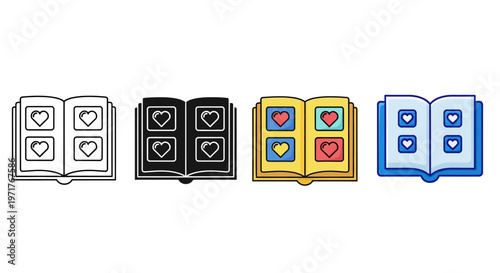 Collection of Open Photo Album Icons with Heart Images, Representing Cherished Memories and Personal History
