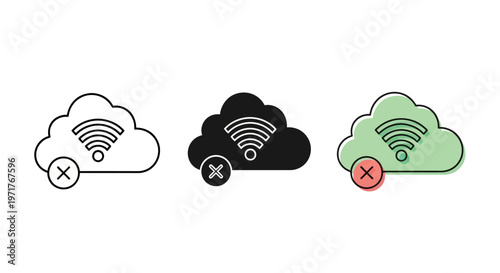 Cloud Wi-Fi Connection Error Icons Network Disconnection, Offline Service, and Internet Access Problems Symbol Set