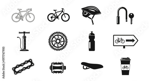 Set of bicycle icons representing different cycling equipment and accessories for active lifestyle