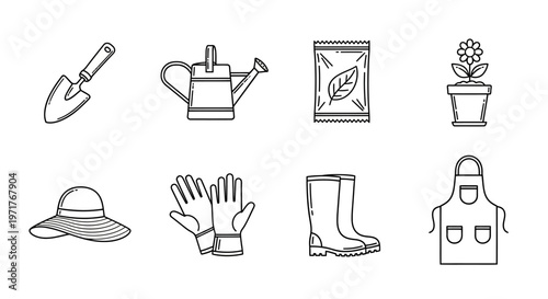 Gardening Tools and Equipment Line Art Icon Set for Outdoor Planting and Cultivation Hobbies
