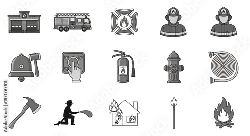 Collection of Firefighter and Fire Safety Equipment Icons Representing Emergency Services and Protection