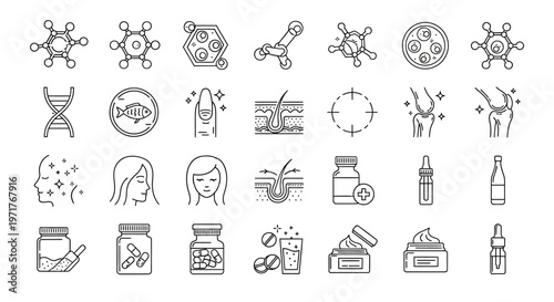 Modern Line Icons for Health, Wellness, Beauty, and Medical Science. Skincare, Nutritional Supplements, and Biological Concepts Vector Set