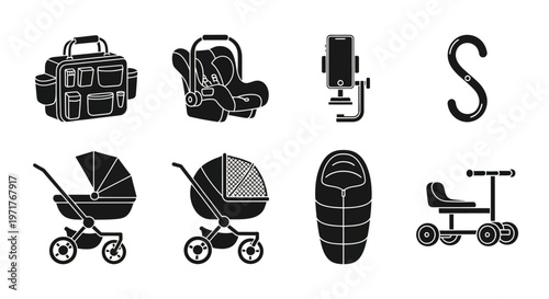 Comprehensive collection of baby and infant care accessories with child safety equipment and transport items illustrated in silhouette icons