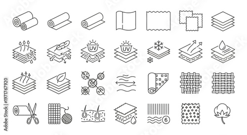 Textile Fabrics Layers Stacked Symbols and Icons Representing Properties and Textures - A Comprehensive Visual Glossary