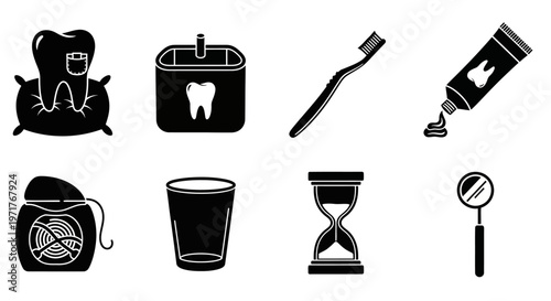 Dental hygiene icons and symbols for oral care, teeth cleaning, and dental health information