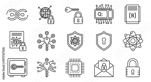 Abstract Blockchain Technology and Security Icons Digital Encryption, Cryptography, Network, and Data Protection Symbols