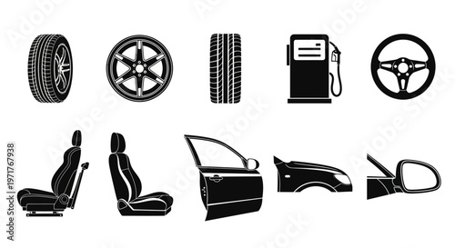 Comprehensive Set of Automotive Vehicle Parts and Accessories Black Silhouettes Icons Collection for Auto Services